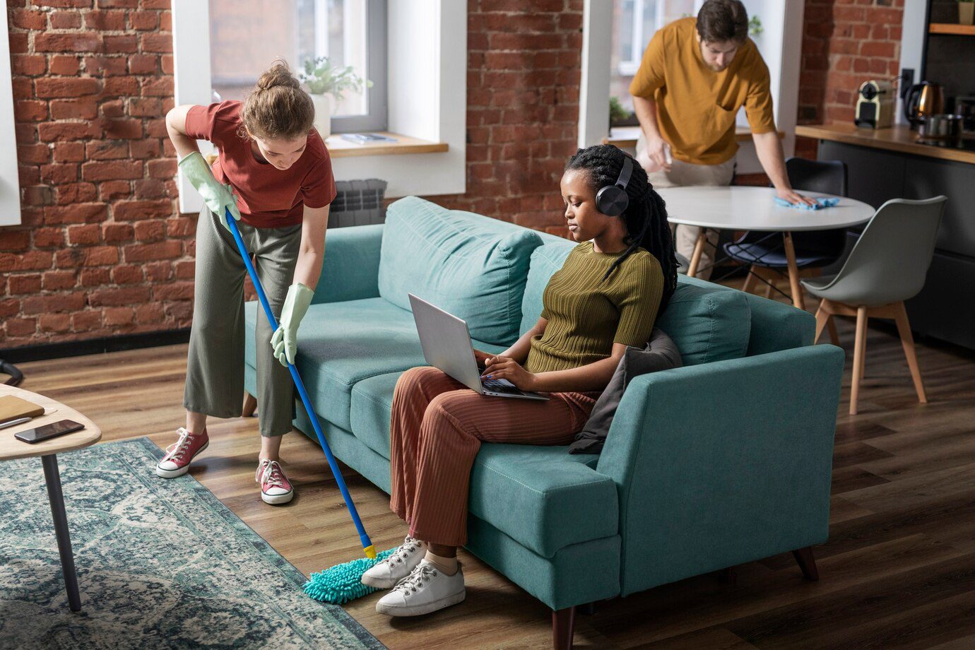 A woman is cleaning the living room while another person watches.