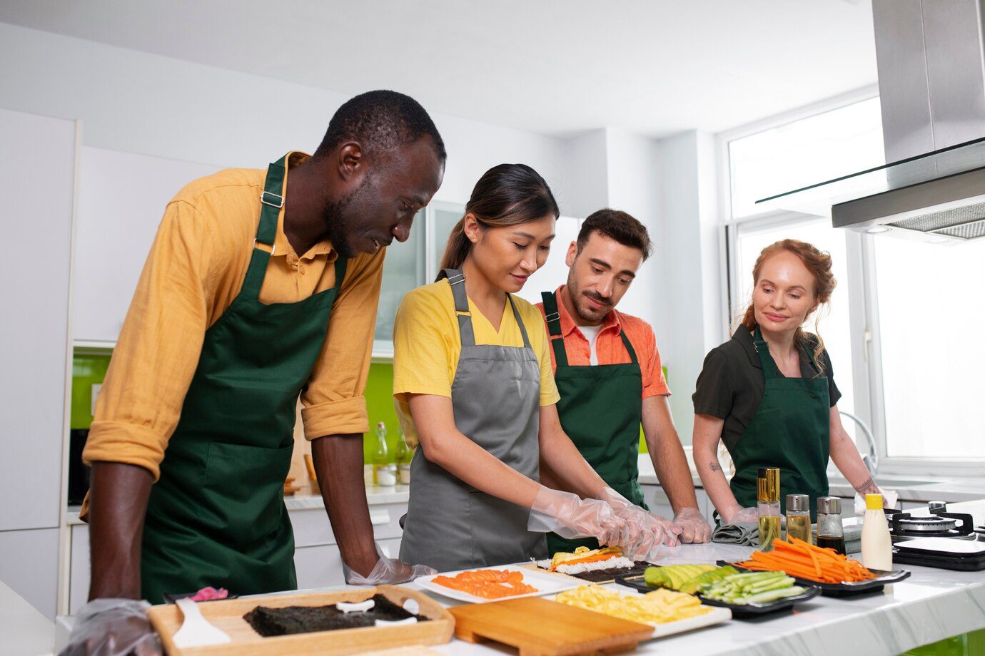 A group of people standing around a table preparing food.